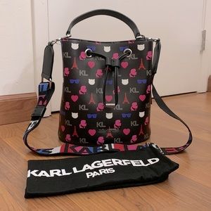 NWT• Karl Lagerfeld Signature Logo Maybelle Crossbody Bucket Bag